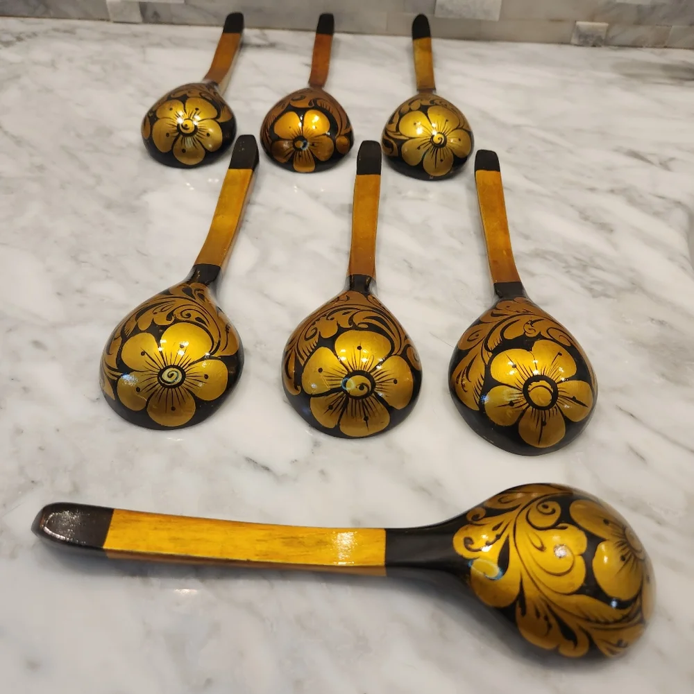 Russian Khokhloma Hand Painted Wooden Spoons Gold Floral Art Set of 7